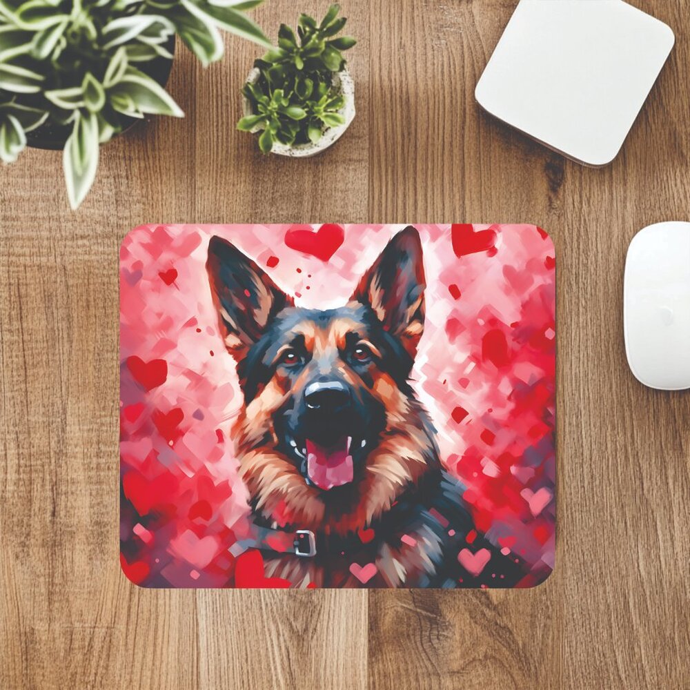 German Shepherd with Hearts Computer Mousepad Office Decor Mouse Mat Handmade